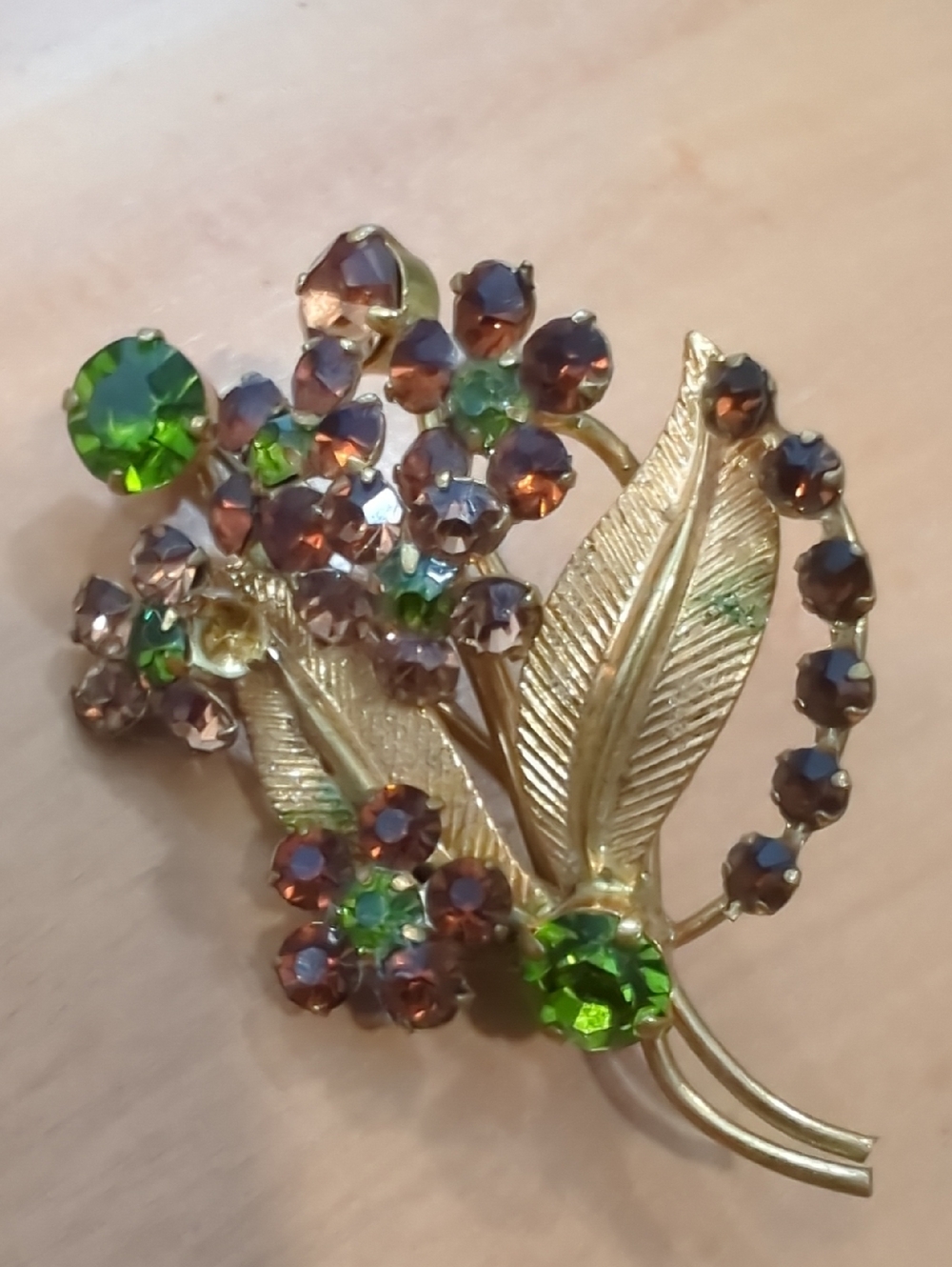 Vintage Floral Rhinestone with Gold Leaf Brooch